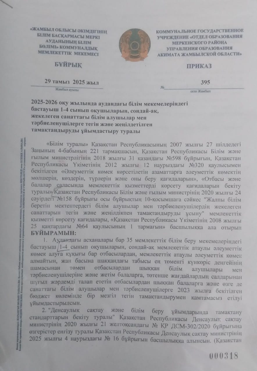 2025-2026 оқу жылында аудандағы білім мекемелеріндегі бастауыш 1-4 сынып оқушыларын,сондай-ақ ,жекелеген санаттағы білім алушылар мен тәрбиеленушілерге тегін және  жеңілдетілген тамақтандыруды ұйымдастыру туралы.