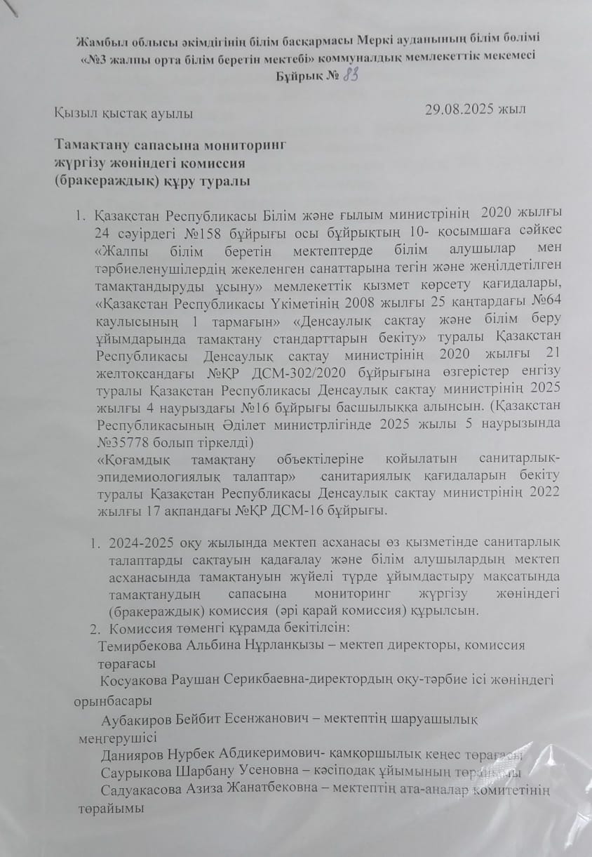 Тамақтану сапасына мониторинг жүргізу жөніндегі комиссия (бракераждық) құру туралы.
