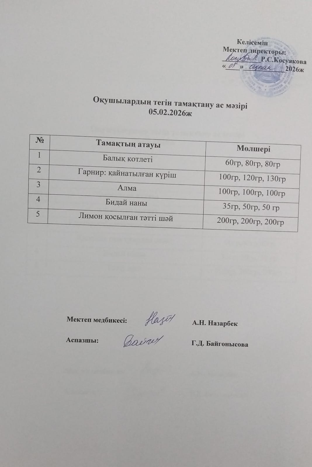 Ас мәзірі.
