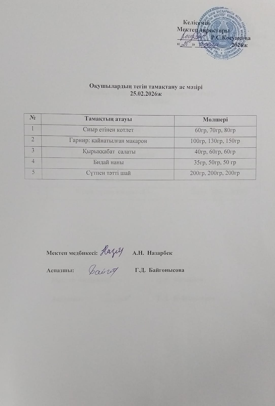 Ас мәзірі.