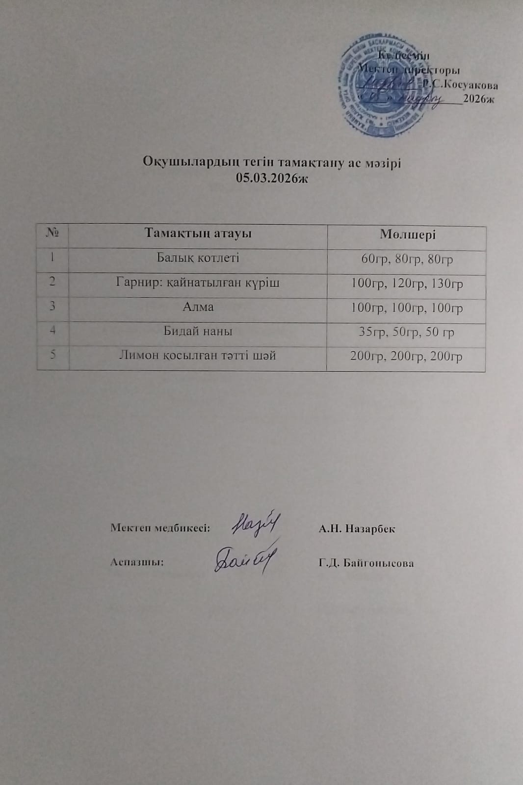 Ас мәзірі.