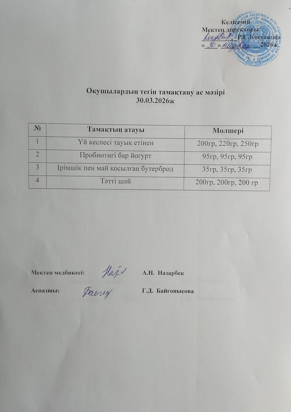 Ас мәзірі.