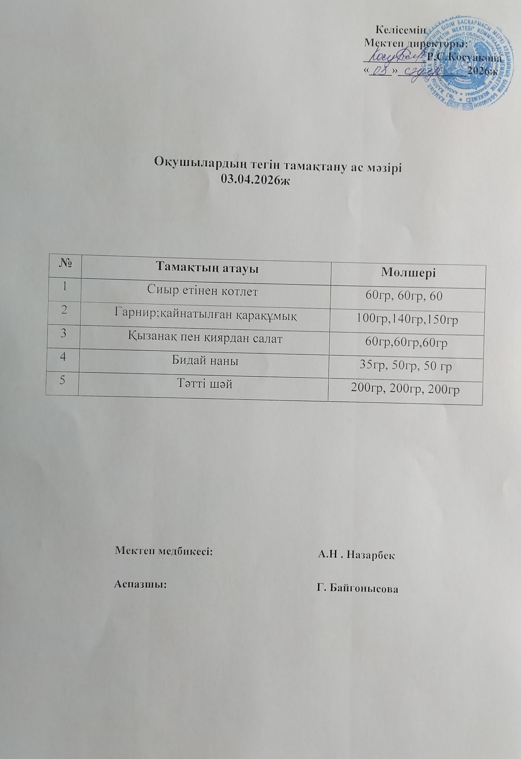 Ас мәзірі.