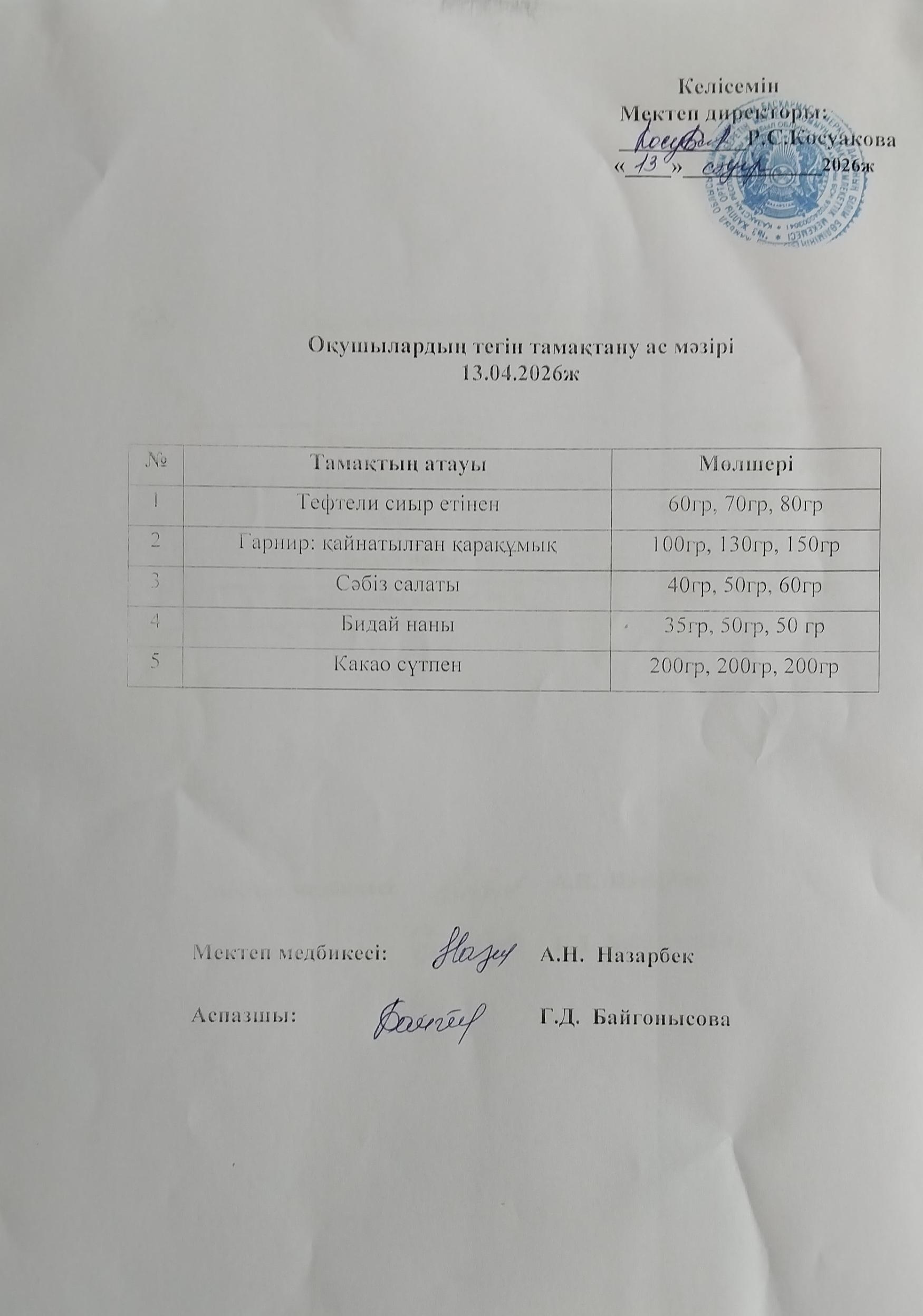 Ас мәзірі.
