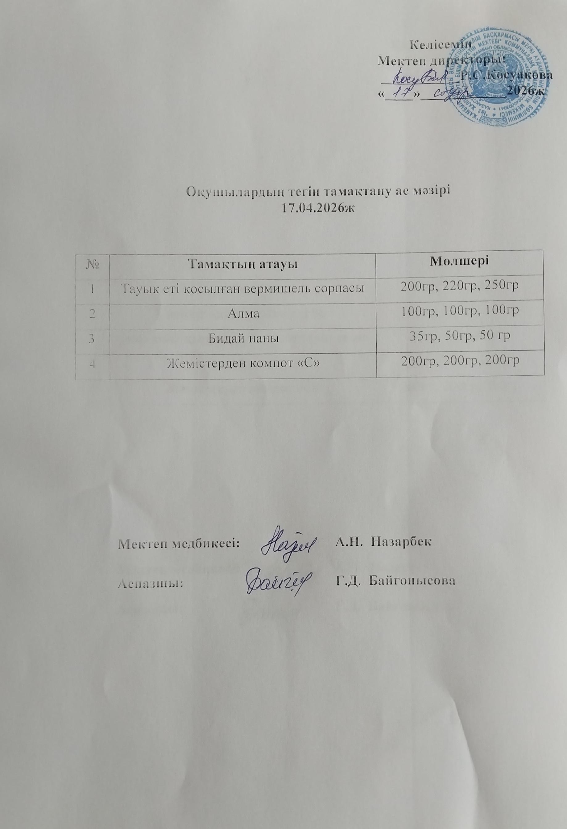 Ас мәзірі.