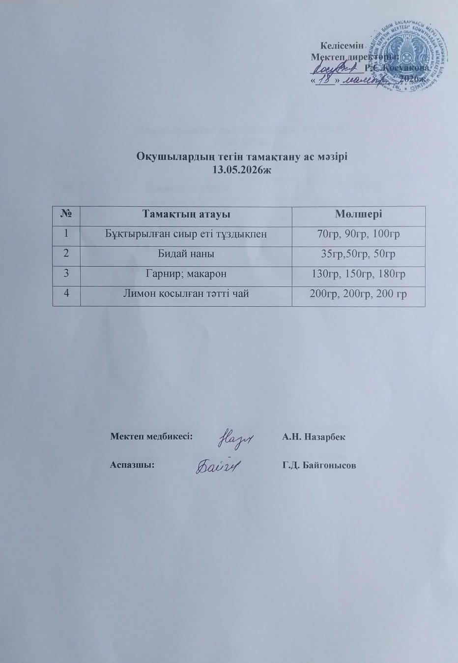Ас мәзірі.